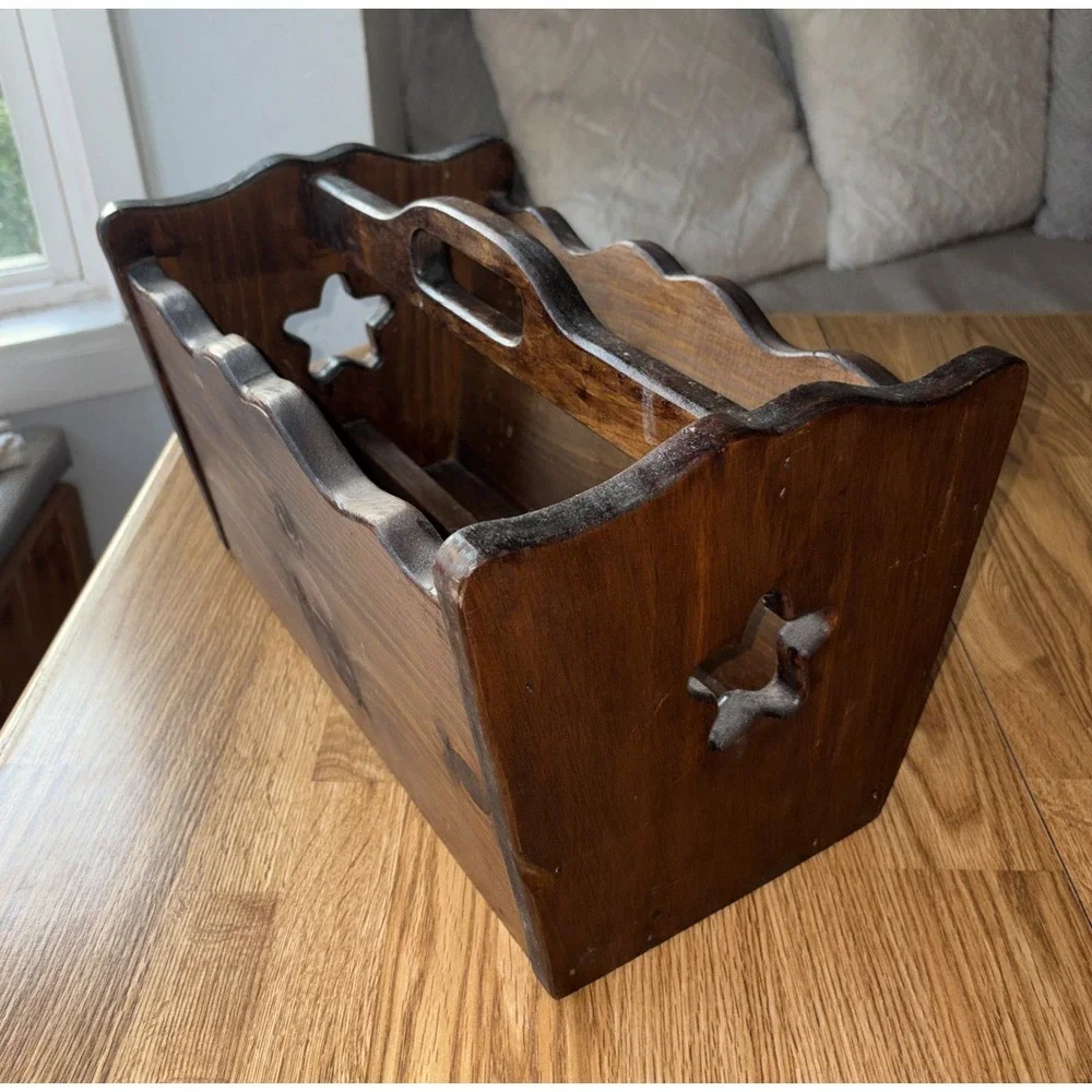 Vintage Solid Wood Mid Century Magazine Record Rack Book Stand Star Cut Out